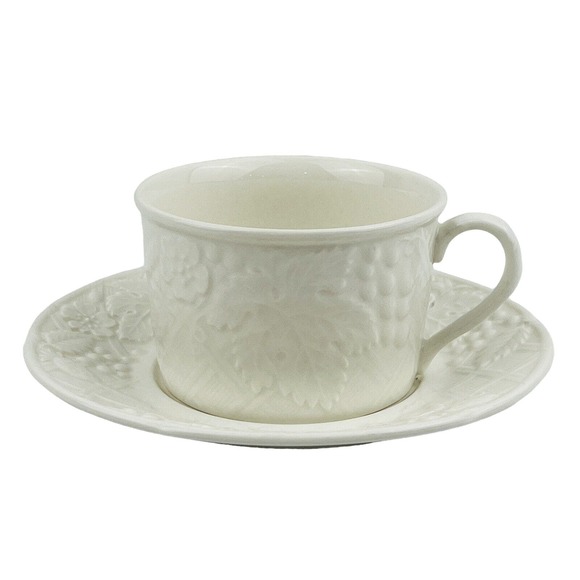 Mikasa Other - Mikasa English Countryside Flat Cup & Saucer Set White Stoneware Embossed Fruit